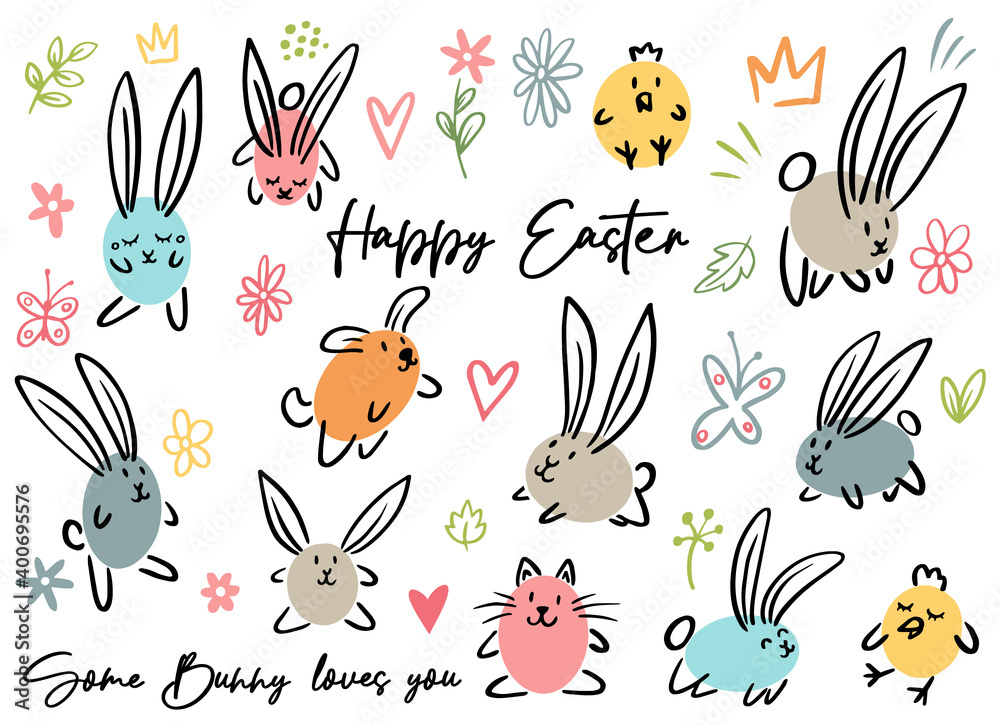 Obraz premium Cartoon doodle happy Easter sign, egg, some bunny loves you, chicken, cat, dog, flowers, crown, leaves. Vector doodle illustration. Black outline bunny ears. Cute easter funny hand drawn sketch.