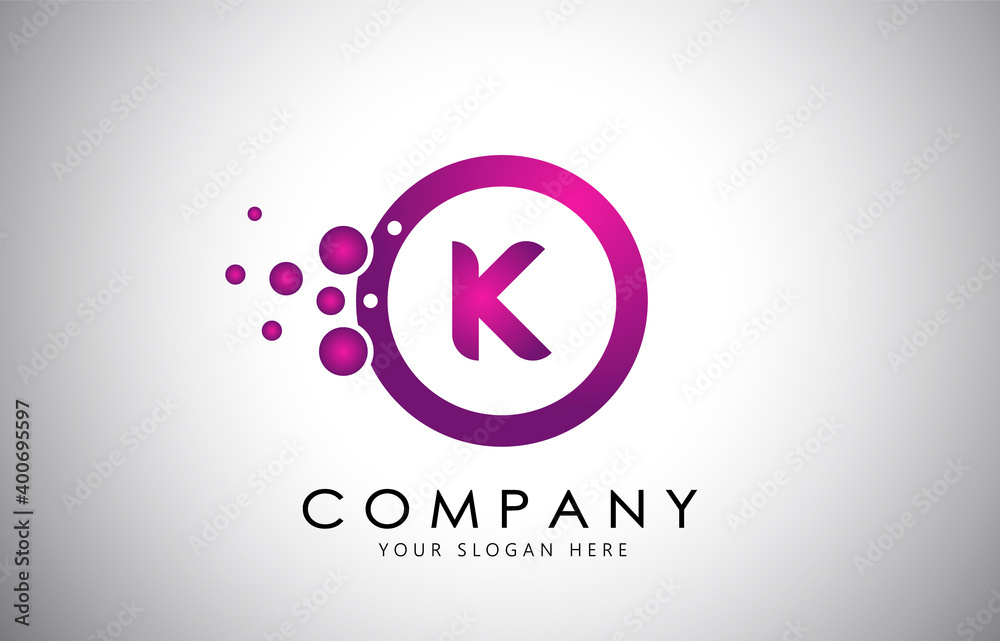K Letter Logo with Purple Dots, Bubble in a circle. Purple,Pink, Magenta Bubble Design Vector Illustration. K Letter Logo with Purple Dots, Bubble in a circle. Purple,Pink, Magenta Bubble Design Vector Illustration.