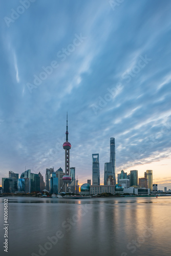 Sunrise view of Lujiazui, the financial district in Shanghai, China. © Zimu