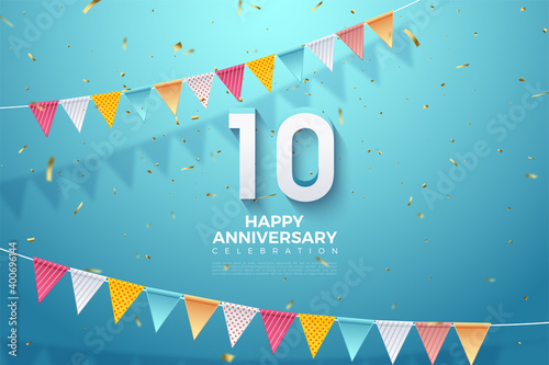 10th Anniversary background with numbers and two rows of colorful flags above and below it. photo