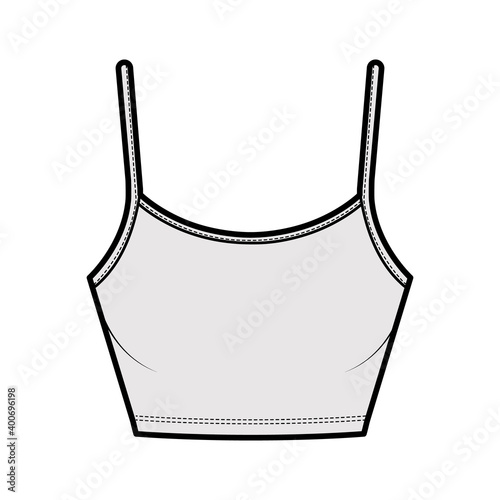 Crop Camisole scoop neck cotton-jersey top technical fashion illustration with thin adjustable straps, slim fit. Flat outwear tank template front, grey color. Women men unisex CAD mockup