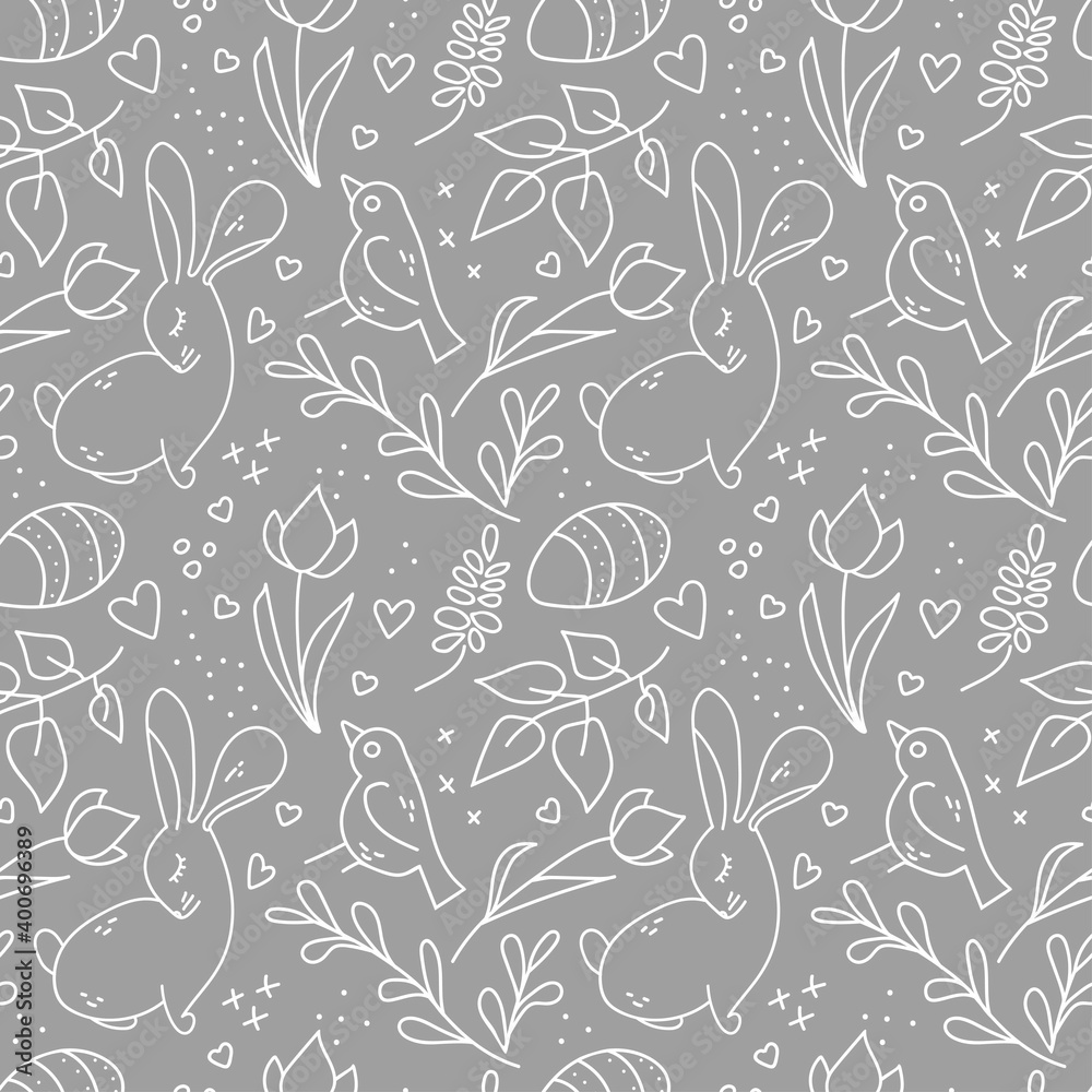 Easter cute doodle seamless pattern with heart, bird, eggs, rabbit, tulip, branch isolated on gray background. Vector illustration. Romantic backdrop for holiday card, gift wrapping paper, wallpaper Easter cute doodle seamless pattern with heart, bird, eggs, rabbit, tulip, branch isolated on gray background. Vector illustration. Romantic backdrop for holiday card, gift wrapping paper, wallpaper