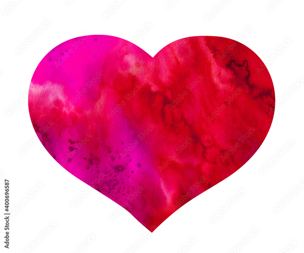 Watercolor hand painted red heart shape for Valentine day. Water color splashes, brush strokes