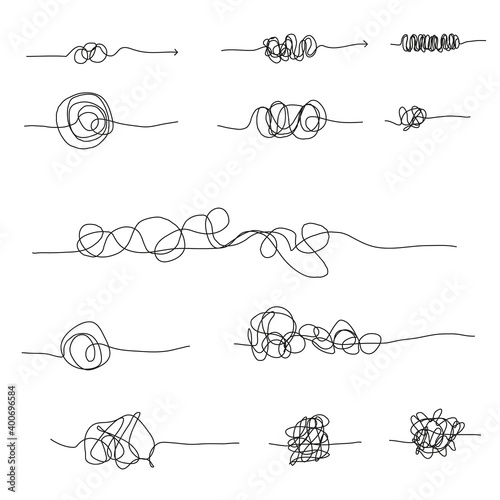 Set of random chaotic lines. Hand drawing insane tangled scribble clew. Vector icon isolated on white background. Editable stroke.