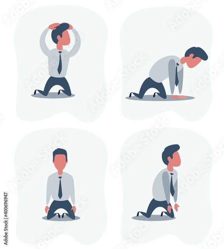 Sad unhappy businessman office worker manager standing on his knees . Set .Vector flat cartoon illustration