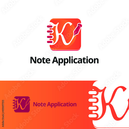 Letter K on book note and note pad with pen for writing logo concept design