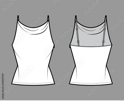 Tank high cowl top technical fashion illustration with thin adjustable straps, slim fit, elongated hem. Flat apparel outwear top template front, back, white color. Women men unisex CAD mockup