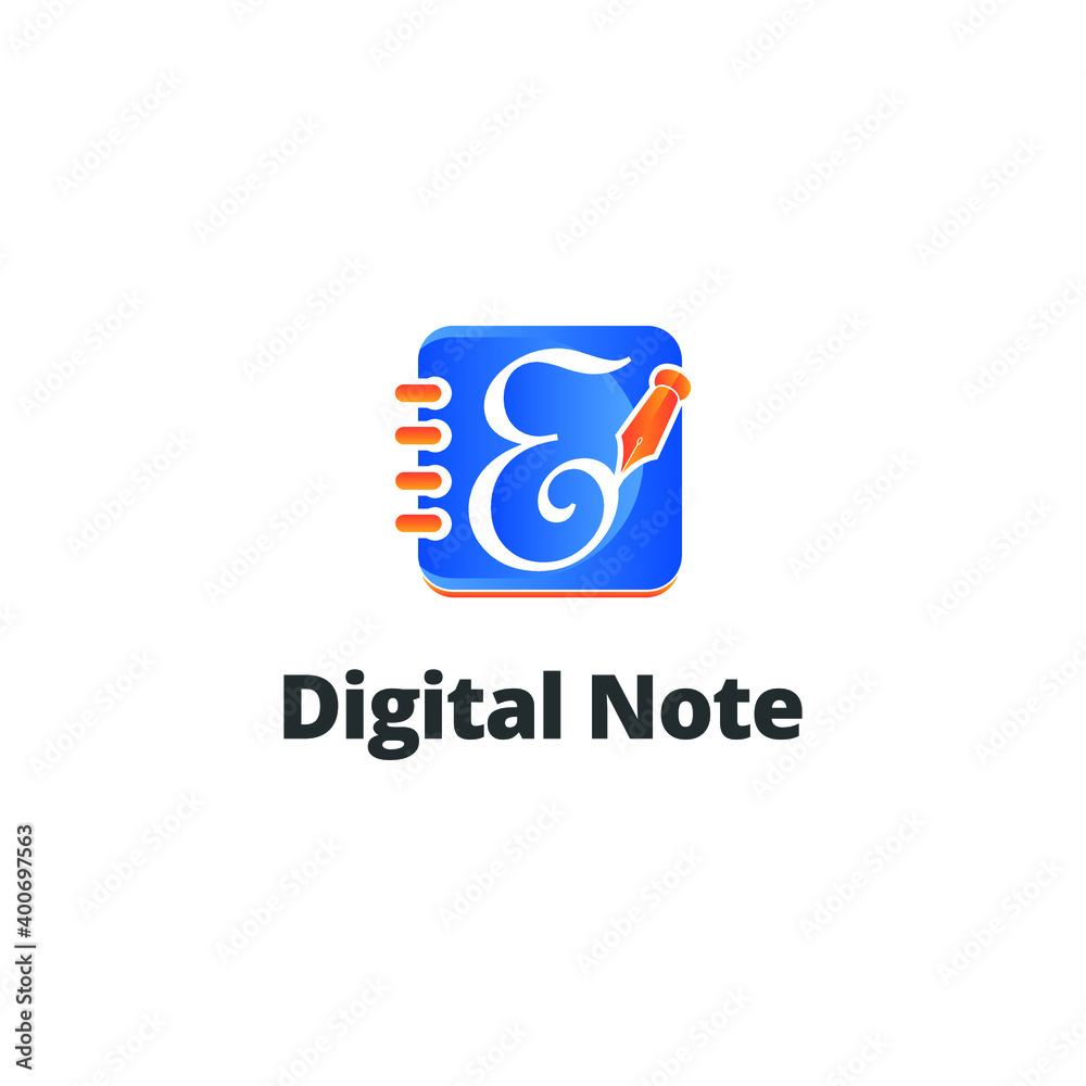Letter E on book note and note pad with pen for writing logo concept design Letter E on book note and note pad with pen for writing logo concept design