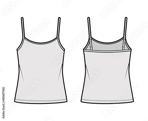 Camisole scoop neck cotton-jersey top technical fashion illustration with thin adjustable straps, oversized. Flat outwear tank template front, back, grey color. Women men unisex CAD mockup