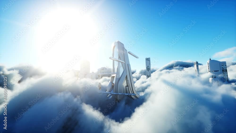 Futuristic sci fi city in clouds. Utopia. concept of the future. Flying passenger transport. Aerial fantastic view. Realistic 4k animation. Futuristic sci fi city in clouds. Utopia. concept of the future. Flying passenger transport. Aerial fantastic view. Realistic 4k animation.