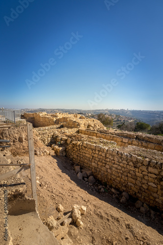 The archeological garden near the tomb of Samuel the prophet, in the background of the Jerusalem mountains photo