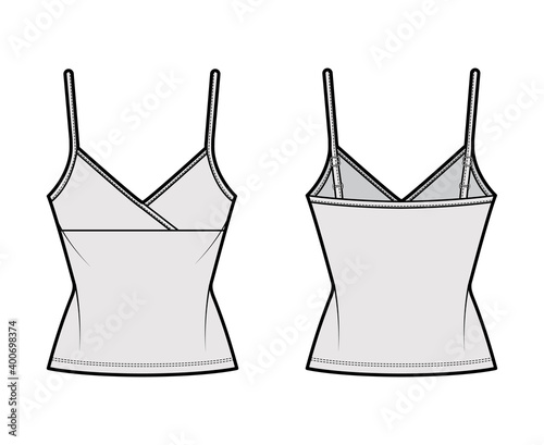 Camisole surplice tank cotton-jersey top technical fashion illustration with empire seam, thin adjustable straps, slim fit. Flat outwear template front, back, grey color. Women men CAD mockup