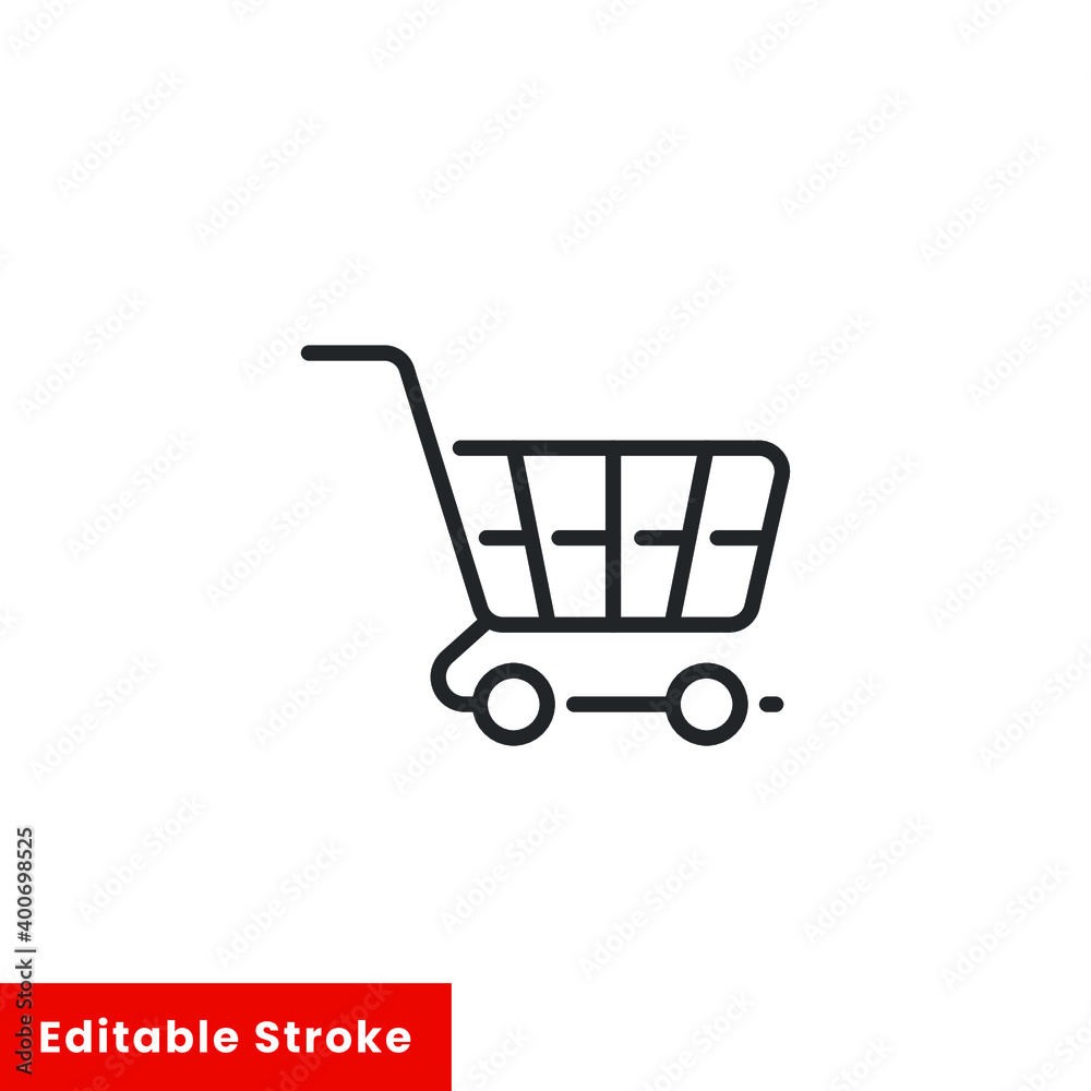 Trolley, online shop. Payment process. Vector illustration. Design on white background. Editable stroke EPS 10