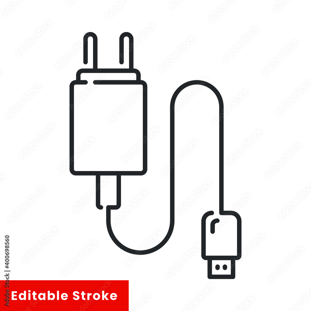 USB mobile charger icon, line style. A tool used specifically to charge the battery on the smartphone. Vector illustration. Design on white background. Editable stroke EPS 10 USB mobile charger icon, line style. A tool used specifically to charge the battery on the smartphone. Vector illustration. Design on white background. Editable stroke EPS 10