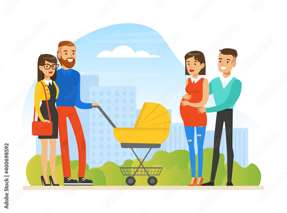 Young Man and Woman Walking Outdoor Pushing Baby Carriage Meeting Pregnant Family Vector Illustration