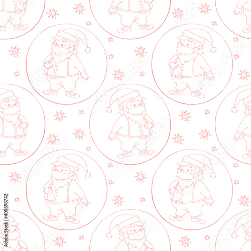 Vector seamless pattern with Santa Claus in face mask and protective ball. Measures to protect against coronavirus on holiday. Merry Christmas and happy New year 2021 in quarantine, pandemic