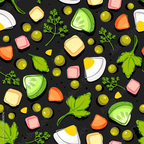 seamless pattern of ingredients of olivier salad, scattered vegetables on a black background, pattern for fabric, wallpaper and paper