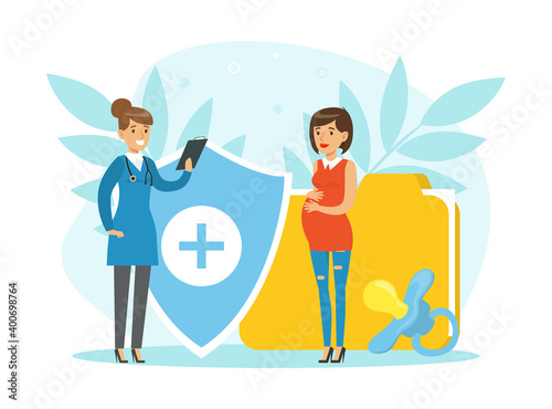 Pregnant Woman Expecting Baby Consulting Gynecologist at Medical Perinatal Centre Vector Illustration