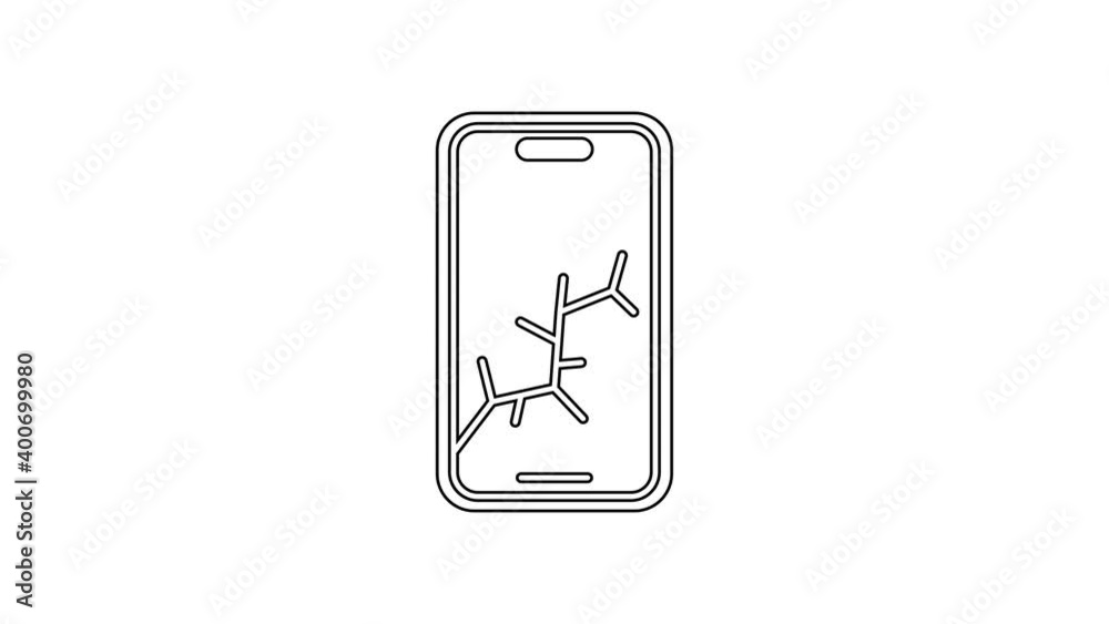 Black line Smartphone with broken screen icon isolated on white background. Shattered phone screen icon. 4K Video motion graphic animation Black line Smartphone with broken screen icon isolated on white background. Shattered phone screen icon. 4K Video motion graphic animation