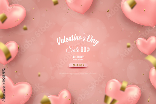Valentine's day sale with 3d pink love balloon illustration.