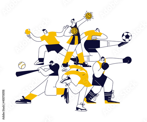 Square sport banner with athletes. Team and Individual Sports isolated. Flat Art Vector Illustration