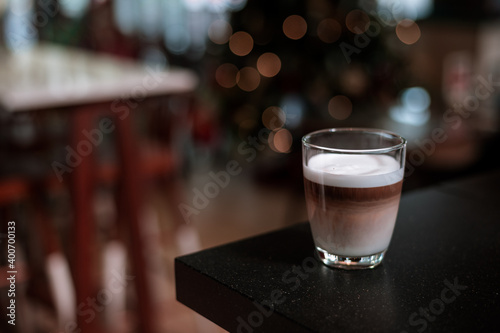 hot coffee latte on christmas holidays display background 