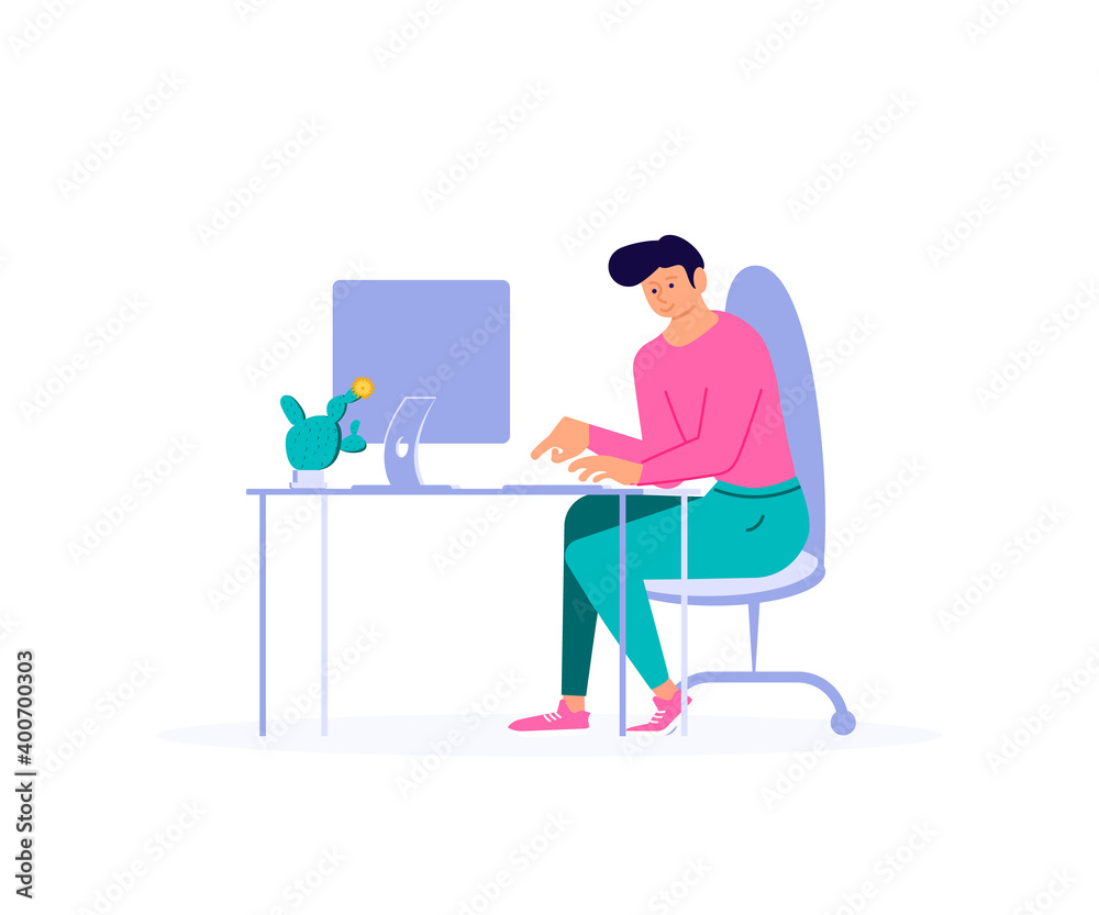 Businessman working at the computer in the office or at home. Vector flat illustration character design isolated on white background