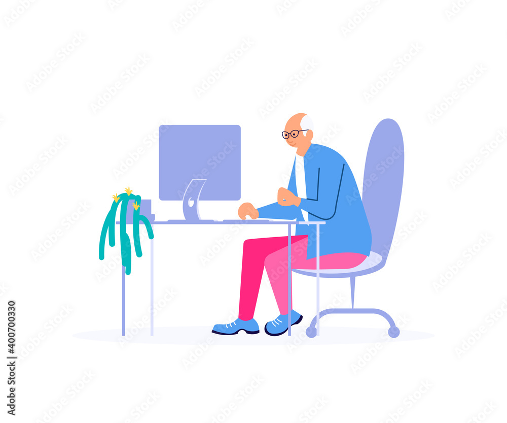 Elderly man working at the computer in the office or at home. Vector flat illustration character design isolated on white background