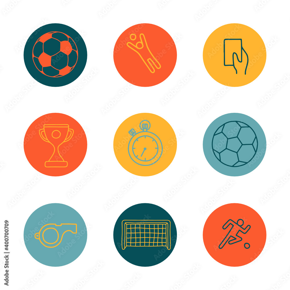 Big vector highlights cover icon set for social media stories. Football icons. Hand drawn round templates for contemporary bloggers.