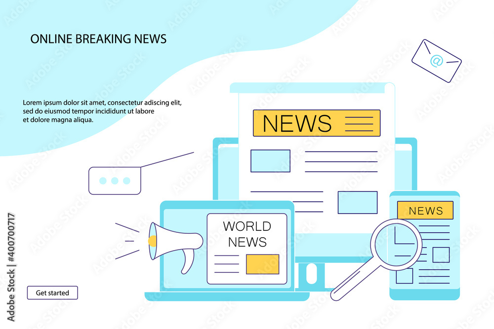 Landing webpage template of Online Breaking News concept. Modern electronic devices with news information on screen isolated on white. Flat line Art Vector Illustration Landing webpage template of Online Breaking News concept. Modern electronic devices with news information on screen isolated on white. Flat line Art Vector Illustration