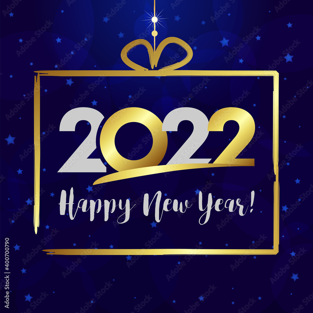 2022 A Happy New Year congrats concept. Classic simple digits, brushing style seasonal logotype. Abstract isolated graphic design template. Golden decoration. Santa Claus present and creative text.