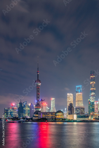 Night view of Lujiazui, the financial district and modern skyline in Shanghai, China.