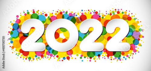 2022 A Happy New Year sign, congrats concept. Horizontal logotype. Snowy white backdrop. Abstract isolated graphic design template. Decorative numbers. Coloured digits. Creative Christmas decoration.