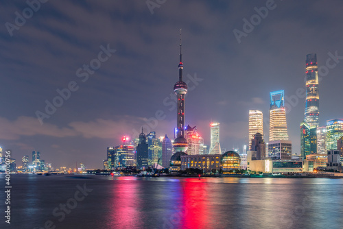 Night view of Lujiazui, the financial district and modern skyline in Shanghai, China.