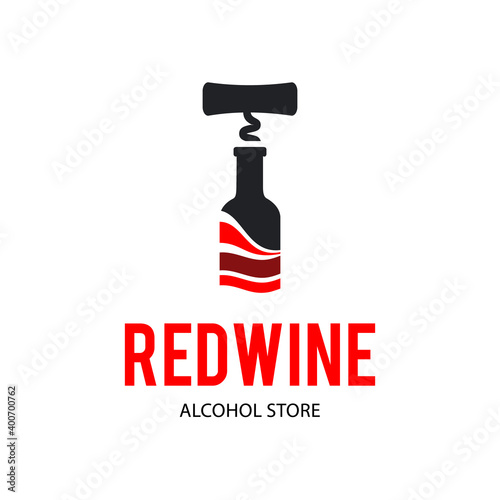 Sign Black corkscrew and a bottle of red wine. Design modern logos for Business. Vector logotype isolated on white background.