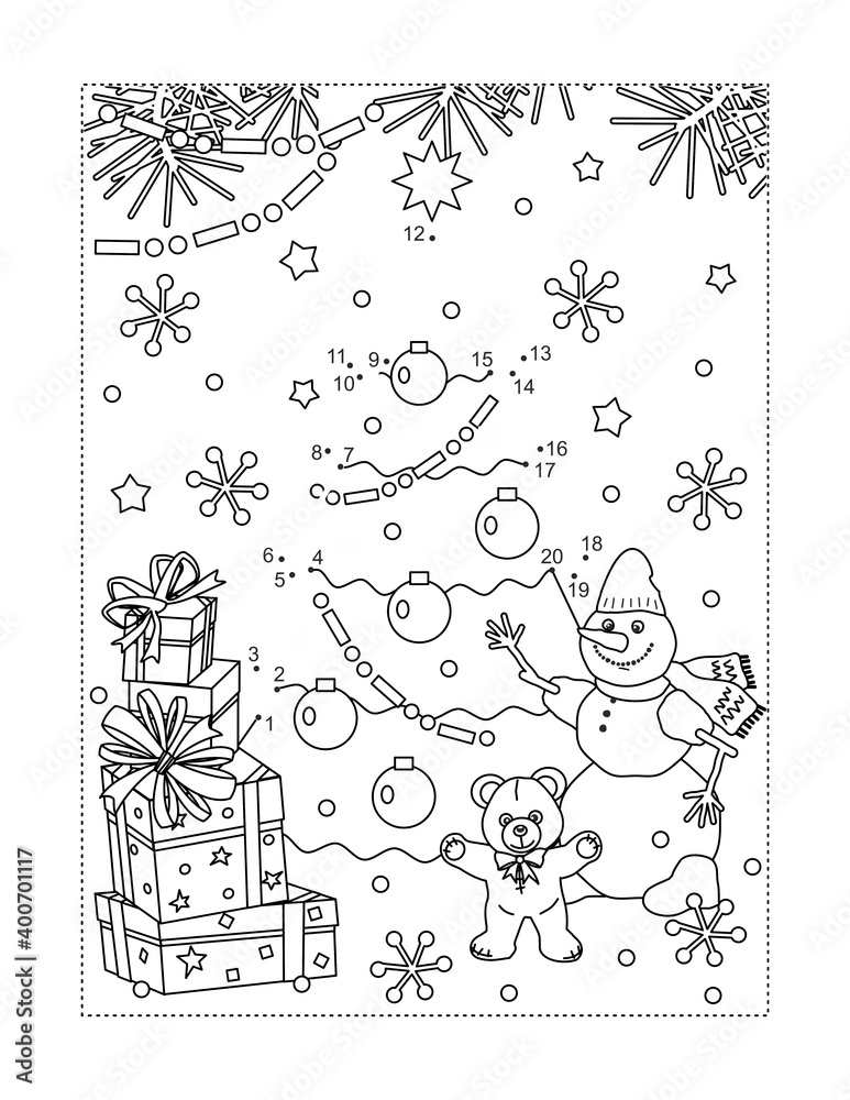 Obraz premium Full page Christmas celebration party connect the dots puzzle and coloring page or activity sheet. Learning or reinforcing math basics of numbers and order.