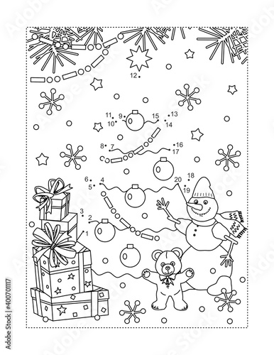 Full page Christmas celebration party connect the dots puzzle and coloring page or activity sheet. Learning or reinforcing math basics of numbers and order.
