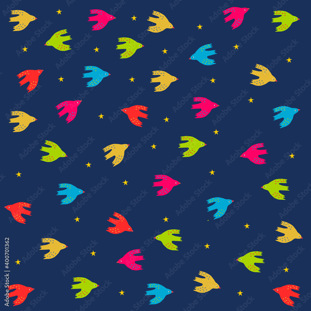 Colorful Birds and Stars Pattern Vector