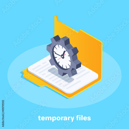 isometric vector illustration on a blue background, open folder icon and clock inside gear, temporary files
