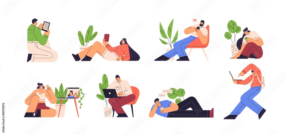 People reading e book and using gadgets vector flat illustration. Set of men and women chatting, doing a video call and surfing internet isolated. Characters with smartphone, laptop and tablet