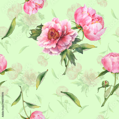 Romantic seamless pattern with pink peonies