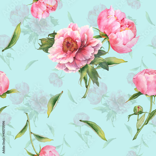 Seamless Pattern with Watercolor Pink Peonies