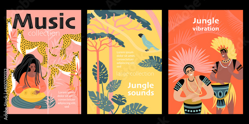 Jungle Sounds. Set of vector banners with a girl playing meditation music and men with drums on a background of tropical plants and animals.