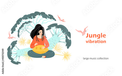 Vector banner with a girl playing music for meditation on a musical instrument on a background of tropical plants.