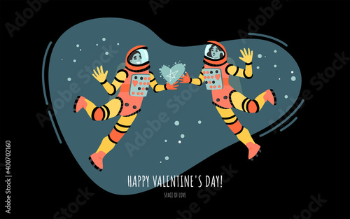 Vector valentine's day banner with cute couple of astronauts