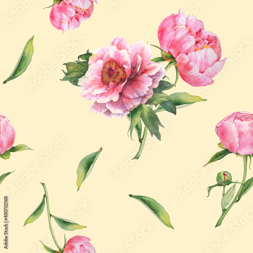 Seamless pattern with pink flowers. Watercolor peonies