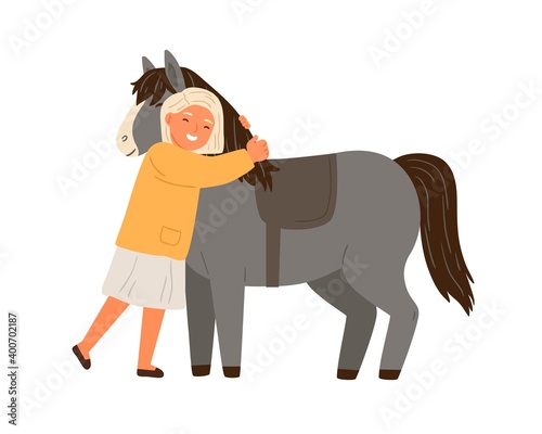 Happy little girl hugging pony vector flat illustration. Cute child and adorable horse enjoying friendship isolated on white. Female kid and animal embracing, spending time together