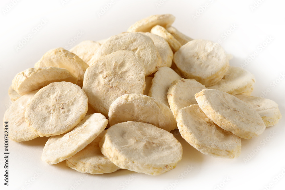 Pile of sweet dehydrated banana slices. Pile of sweet dehydrated banana slices.