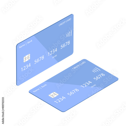 Flat design template with credit card on red background. Mockup on white backdrop. Flat isometric vector illustration. Isolated vector illustration.