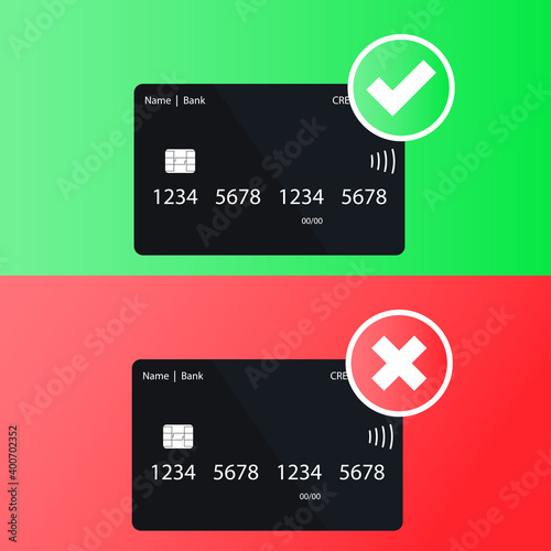 Credit card approve reject, great design for any purposes. Flat icon on red and green backdrop. Vector design illustration.